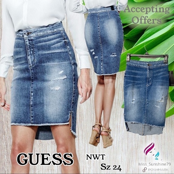 GUESS NWT - Sz 24 - invasion wash high low denim longette skirt distressed - Picture 13 of 13
